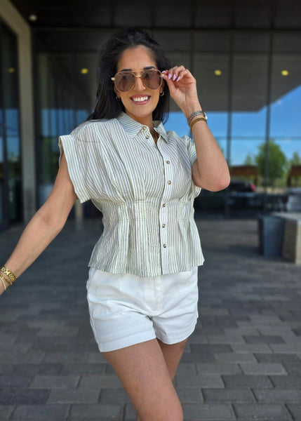 All In One Striped Button Up Top