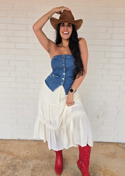 Country Girls Dream Strapless Denim Button Up Top
