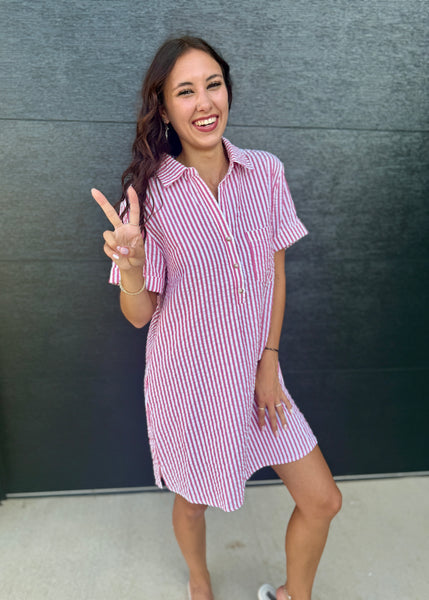 Casual Classic Red/White Striped Seersucker Shirt Dress