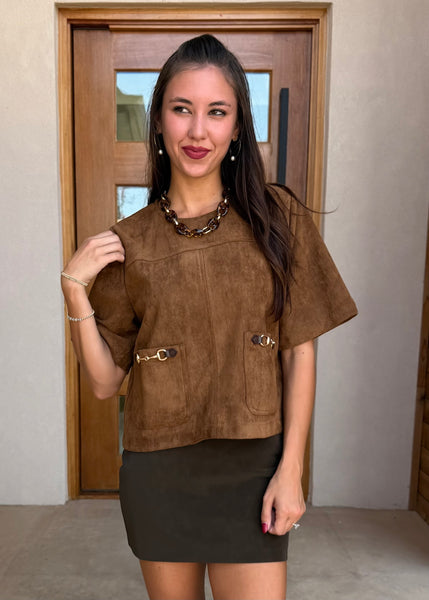 Beautiful Things Brown Suede Short Sleeve Top