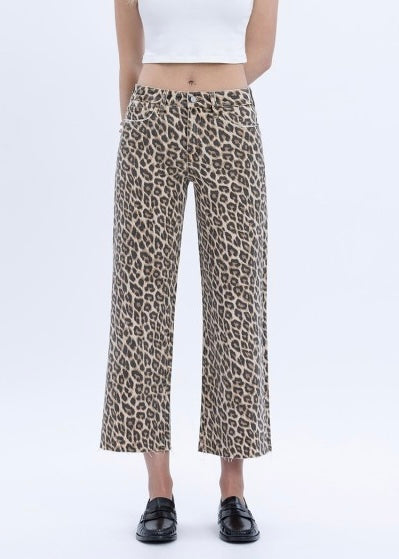 Riley Leopard Print Cropped Wide Leg Denim