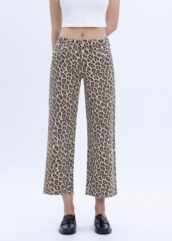 Riley Leopard Print Cropped Wide Leg Denim