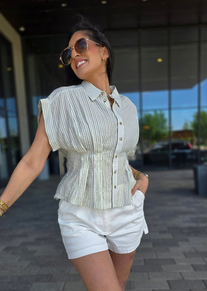 All In One Striped Button Up Top