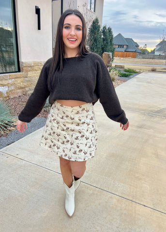 Poppy Fields Floral Cream Corduroy Mini Skirt