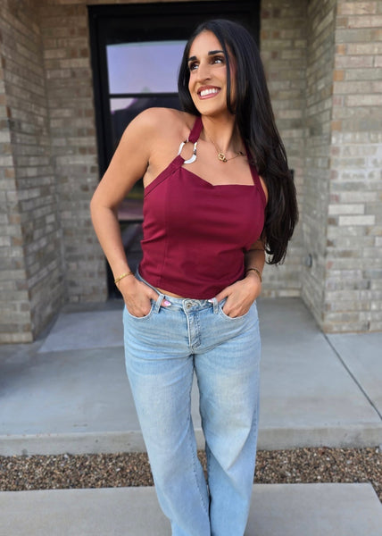 To Be Happy Burgundy Halter Top With Gold Accent