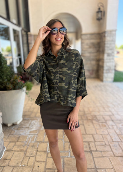 Go With It Denim Camo Button Up Babydoll Top
