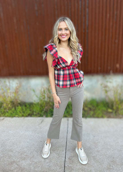 Living Out Loud Plaid Babydoll Ruffle Sleeve Top