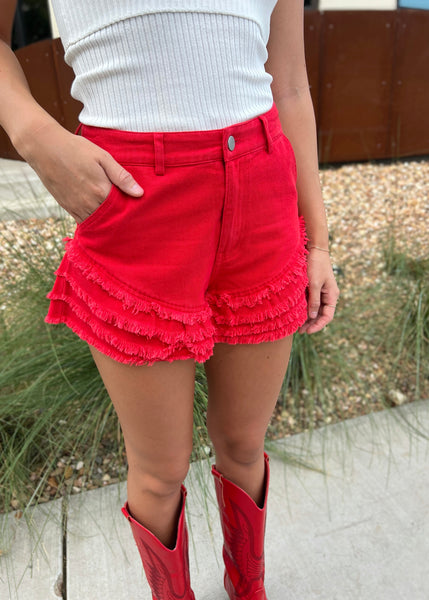 Free Fallen Multi Tiered Red Raw Edge Denim Shorts