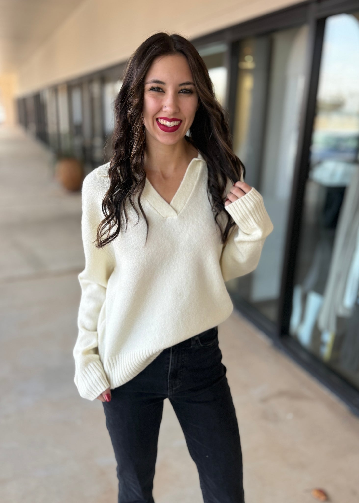 My Motives Cream V Neck Sweater