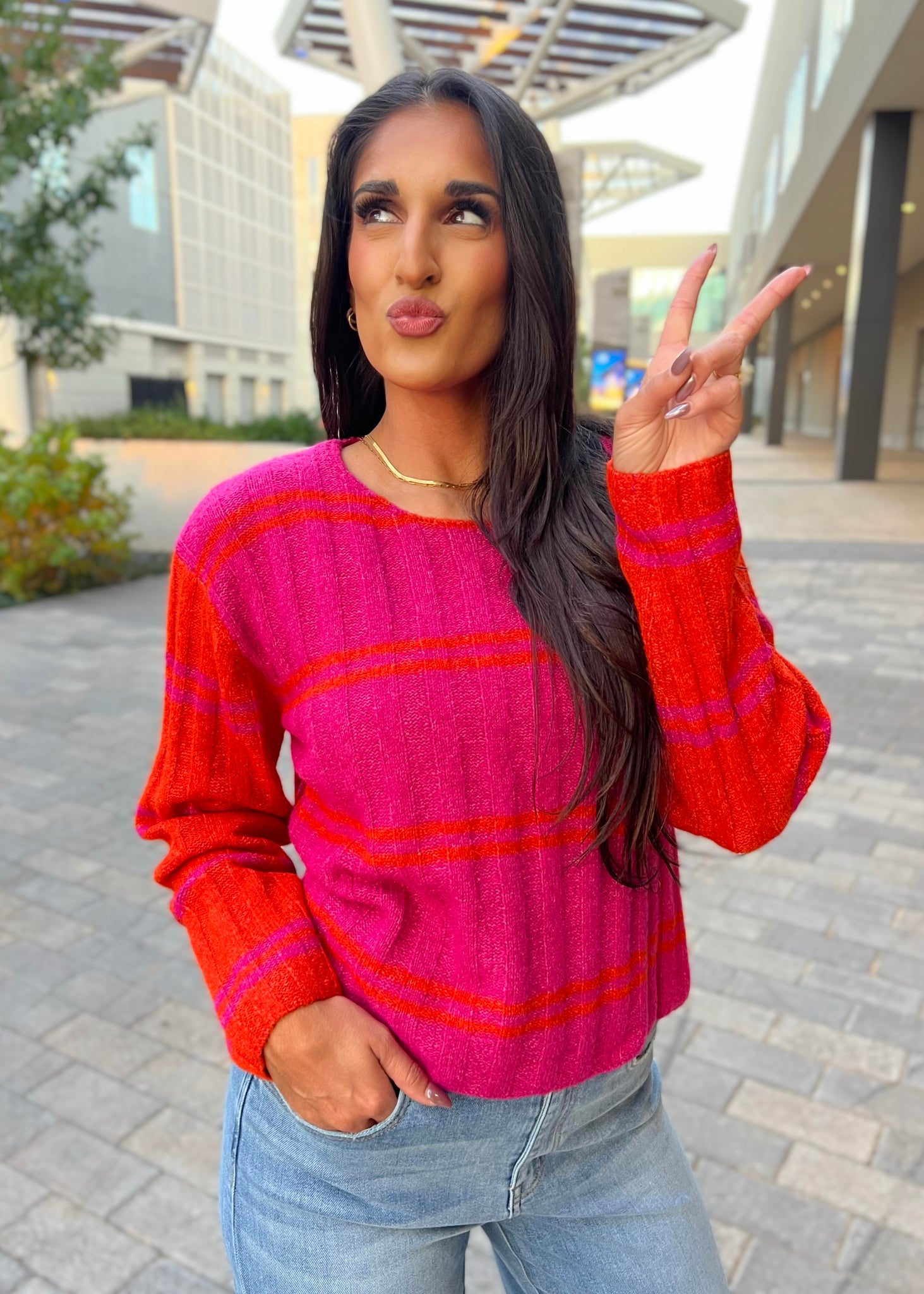 A Cozy Place Fuchsia/Orange Striped Sweater - XL