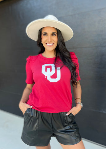 From The Sidelines Crimson OU Puff Sleeve Top