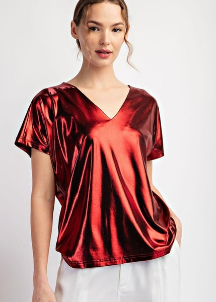 Ring In The Season Red Metallic V Neck Top