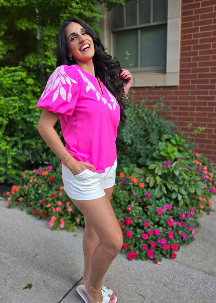 It Girl Hot Pink and White Embroidered Puff Sleeve Top