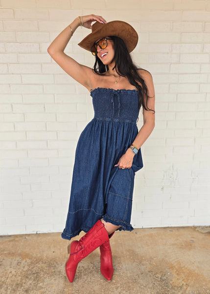 Love Language Denim Strapless Midi Dress