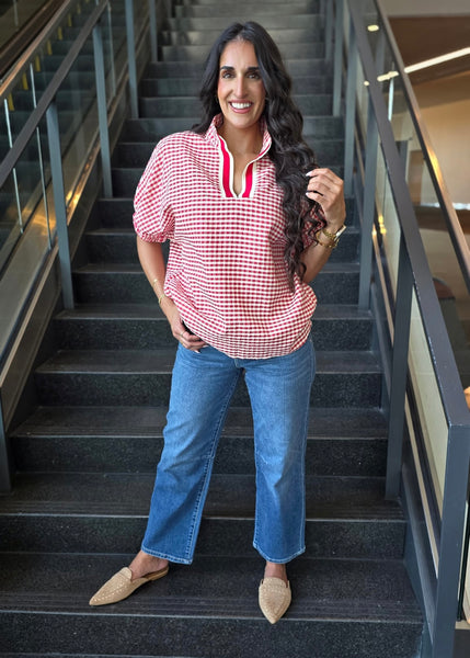 It's A Gem Red Plaid Short Sleeve Blouse