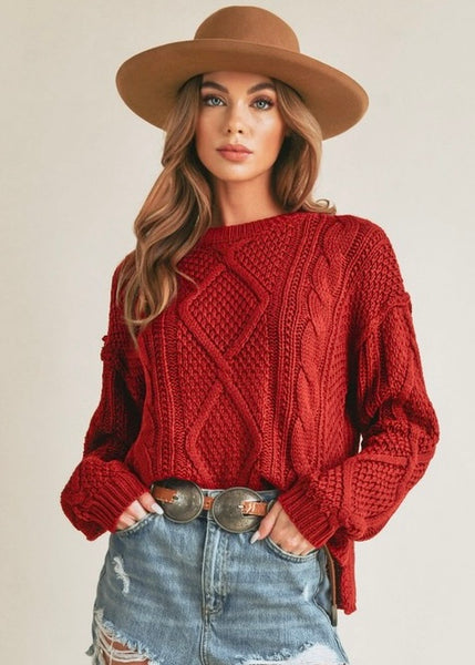 Burgundy Bliss Cable Knit Sweater