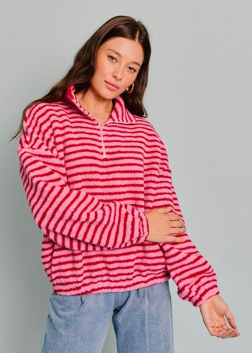 Fun Stripe Pink and Red Quarter Zip Fleece Pullover