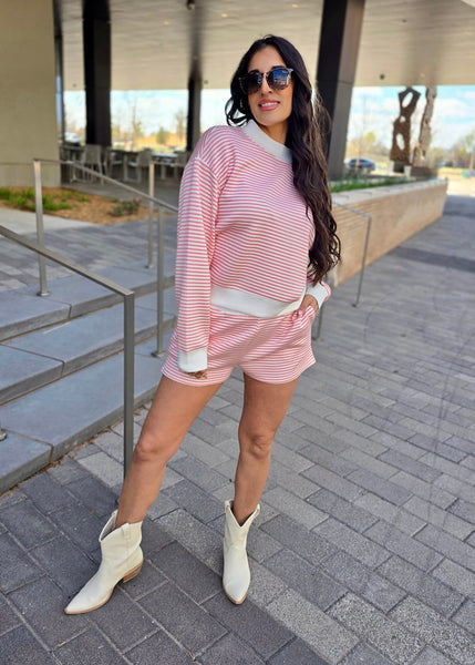 Traveling Abroad Pink & White Striped 2 Pc Short Set
