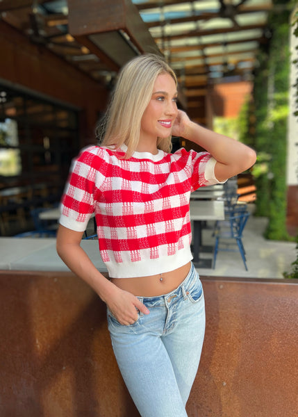 Check It Out Red & White Plaid Short Sleeve Sweater