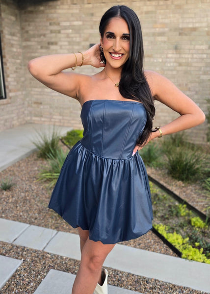 Navy Faux Leather Strapless Dress