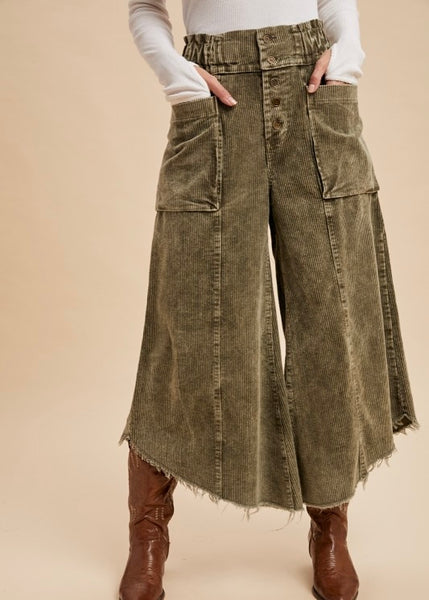 Seasonal Olive Corduroy Fray Hem Pants