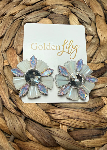 White Rhinestone & Bead Burst Earrings