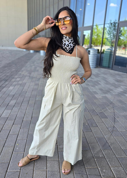 Sunday Stroll Taupe Spaghetti Strap Jumpsuit