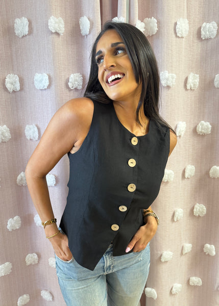 So True Black Linen Button Up Vest