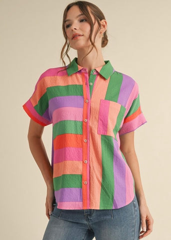 Fun Striped Button Up Short Sleeve Top