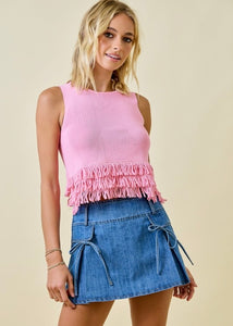 Fringe Fanatic Pink Sleeveless Knit Top With Fringe Hem