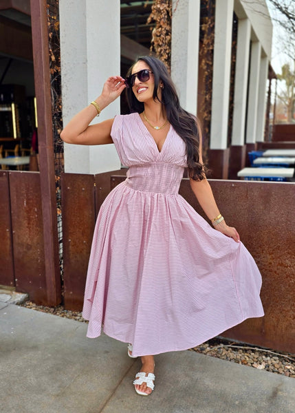 Spring Is In The Air Pink Striped Midi Dress