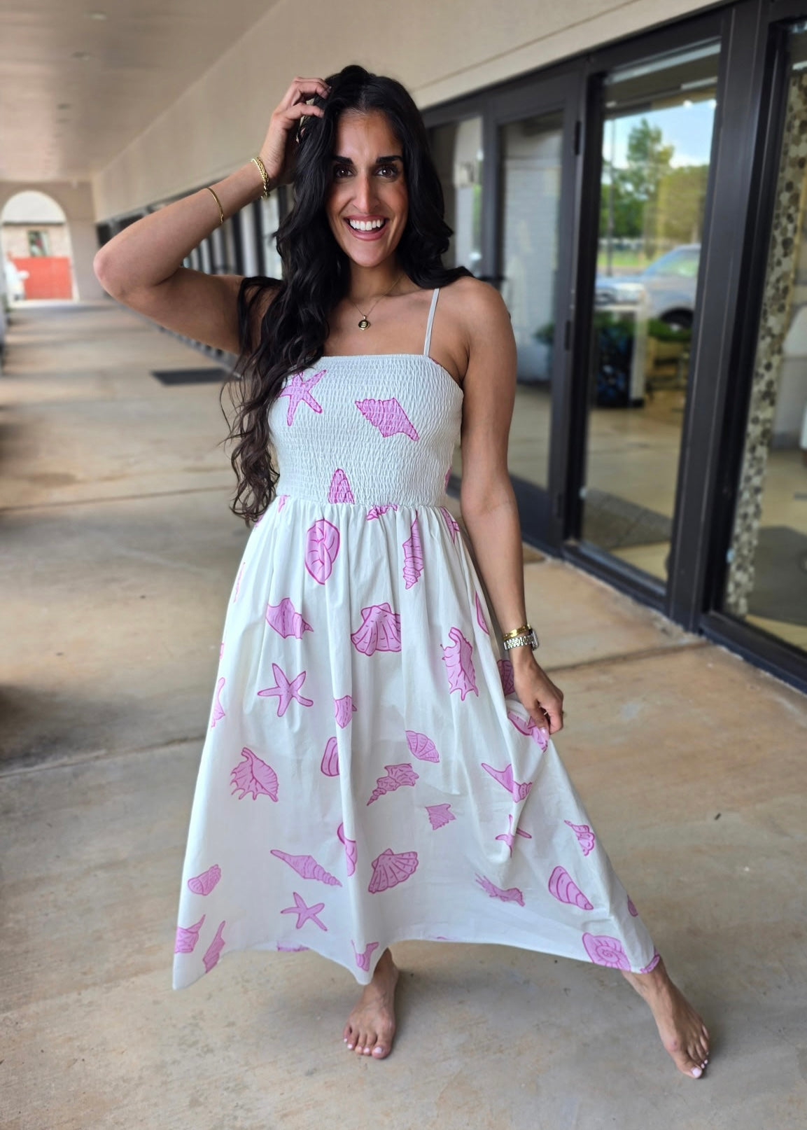 white dress with seashells On The Shore White/Pink Midi – Pink Attitude Boutique Layered Maxi Flowy Dress Cut Outs Style:Denim TOP:5
