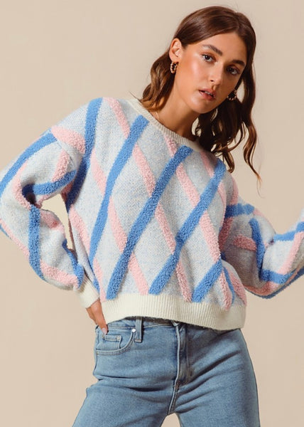 Beyond Me Blue Fluffy Diagonal Striped Sweater Top