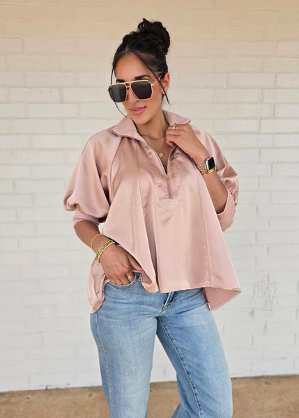 Play It Again Blush Half Zip Flowy Blouse