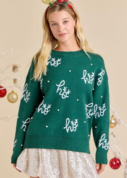"Ho Ho Ho" Hunter Green Snowflake Sweater