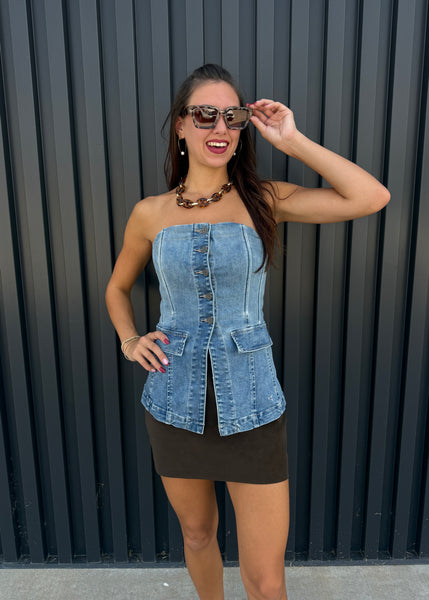 Hidden Request Denim Strapless Button Up Top