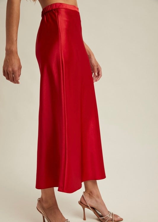 All In Spirit Red Satin Midi Skirt