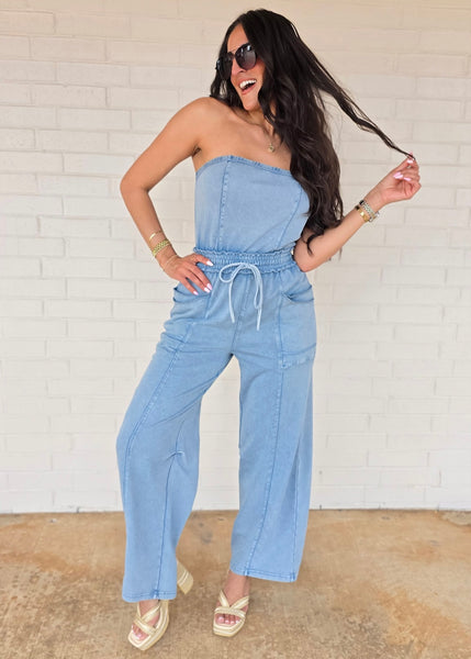 No Exposure Blue Strapless Jumpsuit