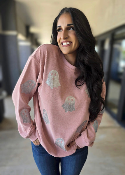Hey Boo Halloween Ghost Corded Pink Sweatshirt