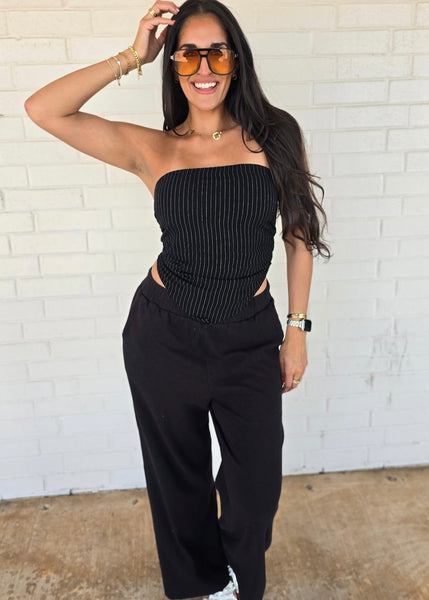 Out For The Night Black Pin Striped Tube Top