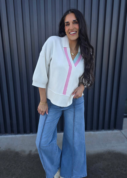 Dream Lover Striped V Neckline White Spring Sweater