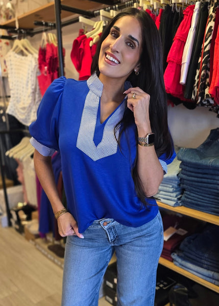 Do It Again Royal Blue Striped Blouse