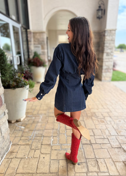 Plan For It Dark Denim Mini Shirt Dress