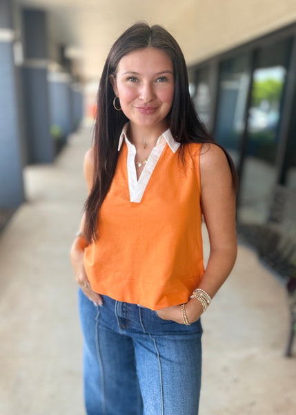 Tailgating Time Sleeveless V Neck Orange/White Poplin Top