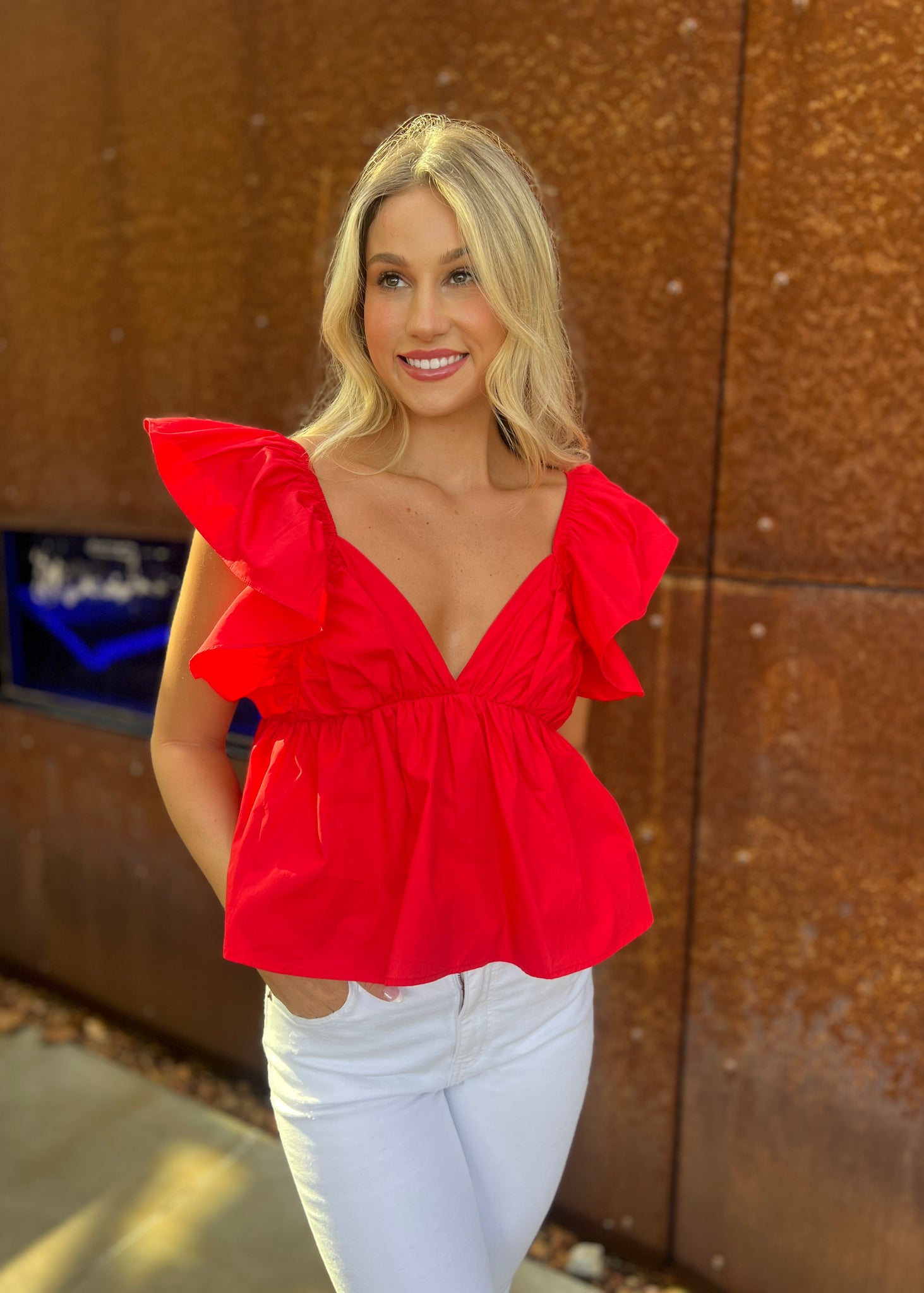 Take A Look Back Red Ruffle Sleeve Baby Doll Top