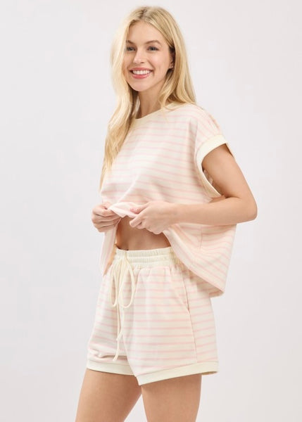 The Beat Goes On Pink & White Striped 2 Pc Short Set