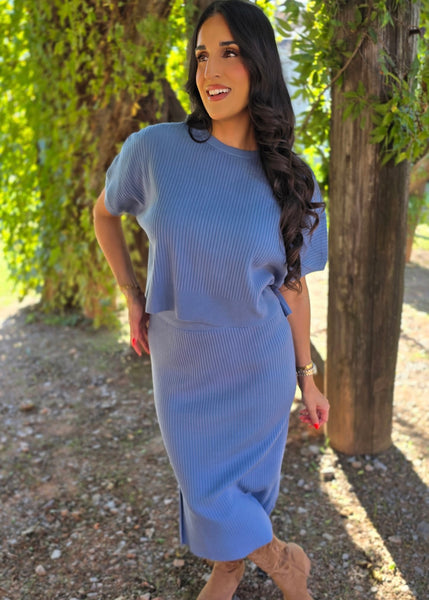 In A Breeze Blue 2 pc Ribbed Skirt Set