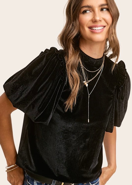 Dinner Plans Black Velvet Puff Sleeve Top