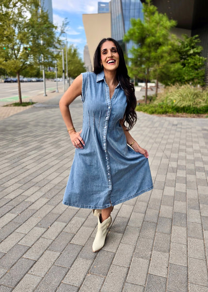Favorite Find Sleeveless Denim Midi Dress
