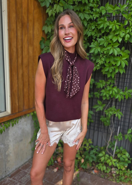 True Believer Deep Purple Sleeveless Top With Polka Dot Tie